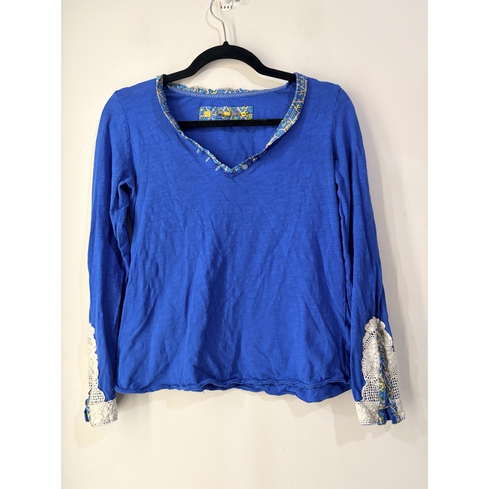 Anthropologie Little Yellow Button Blue Lace Trim Long Sleeve Top‎ Medium Boho